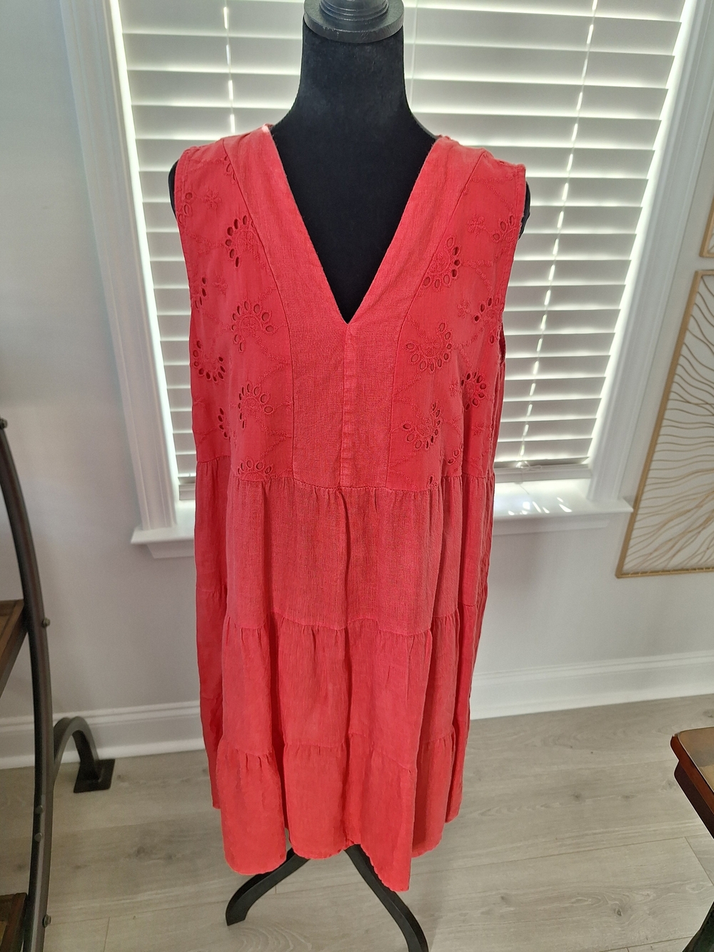 Sleeveless Red Linen Eyelet Tiered V-Neck Midi Dress - Made In ITALY